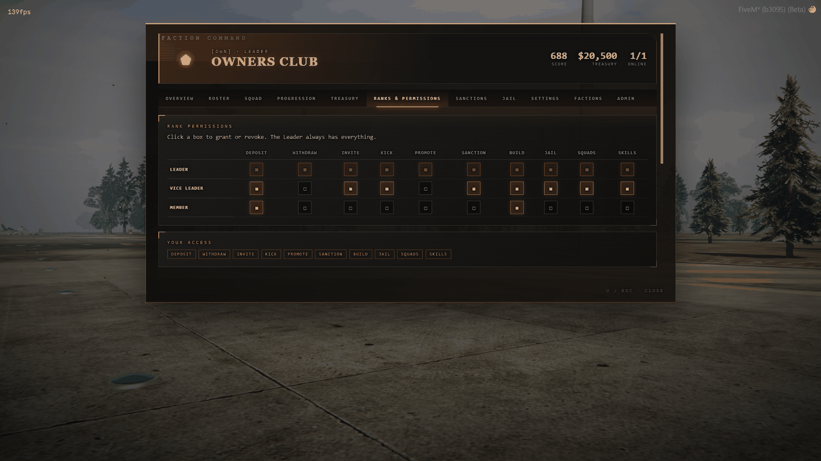 Faction treasury tab with deposit, withdraw, daily caps and the ledger