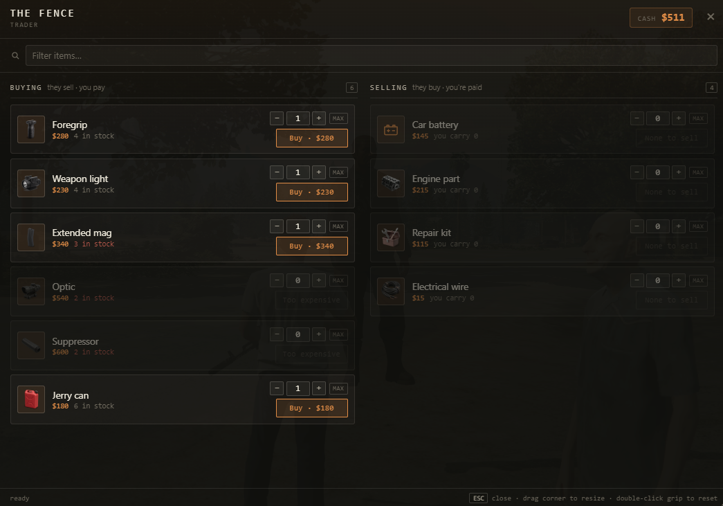 Trader buy and sell screen